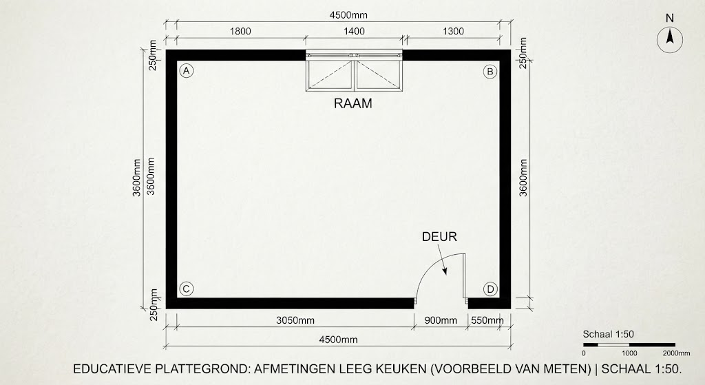 Educatieve voorbeeldplattegrond van een lege keuken met wandmaten, raam, deuropening en noordpijl.